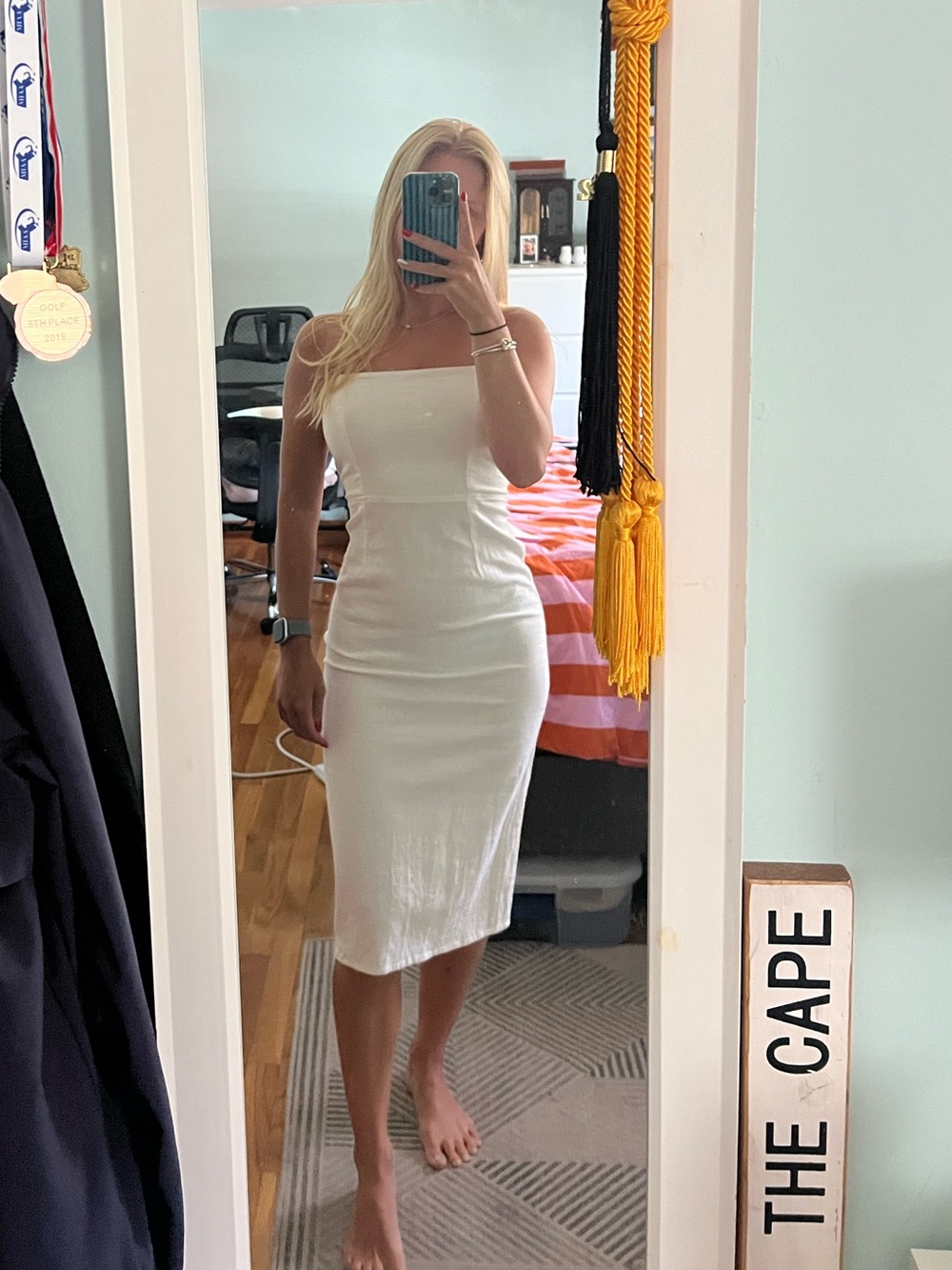 White Linen Blend Midi Dress Square Neck Vacation Dress